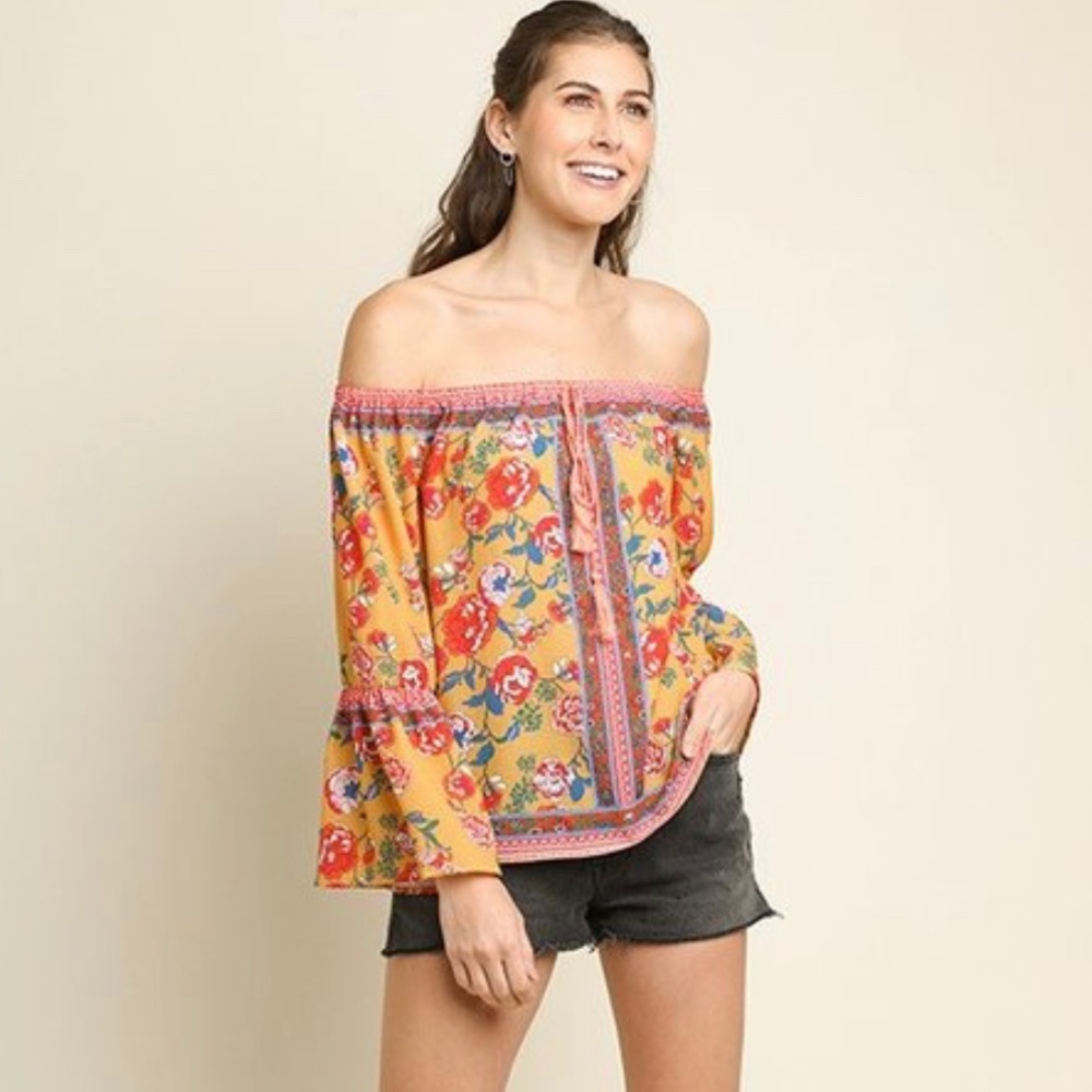 Floral scarf print off shoulder top.